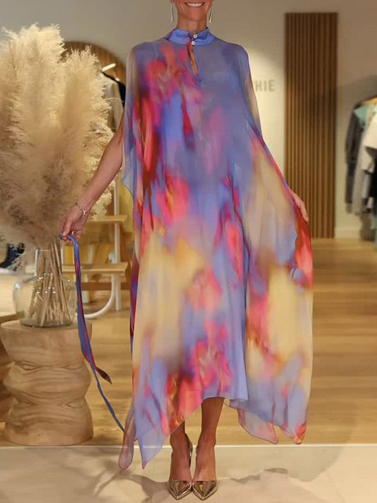 Colorful Tie-Dye Stand Collar Sleeveless Casual Loose Chiffon Dress