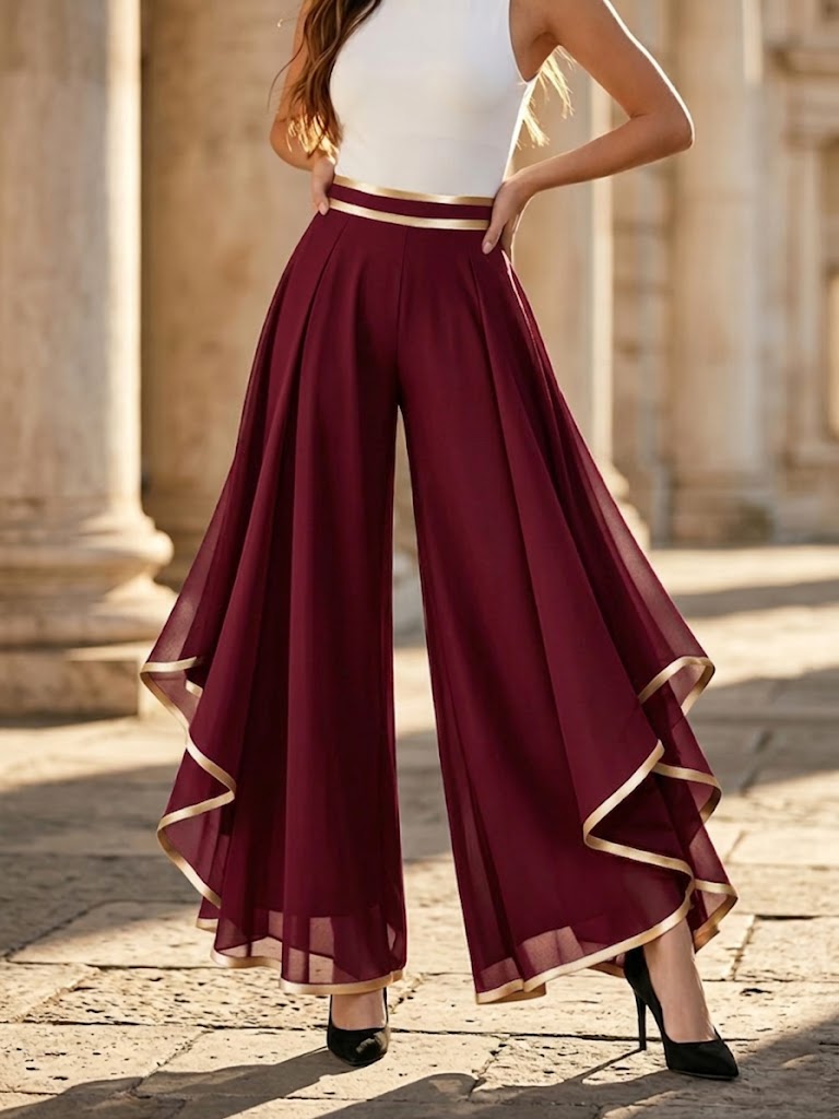 Stylish Gold-Trimmed Flowy Chiffon Trousers