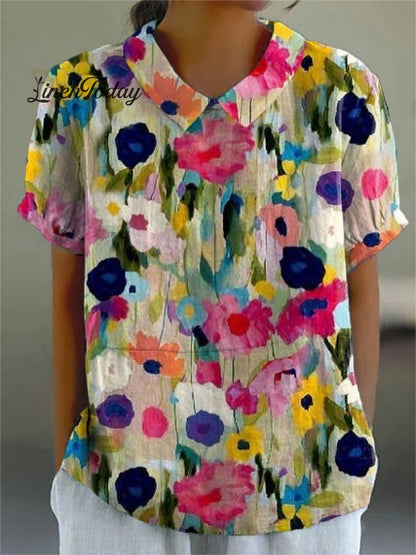 Retro Floral Art Print Casual Cotton and Linen Shirt