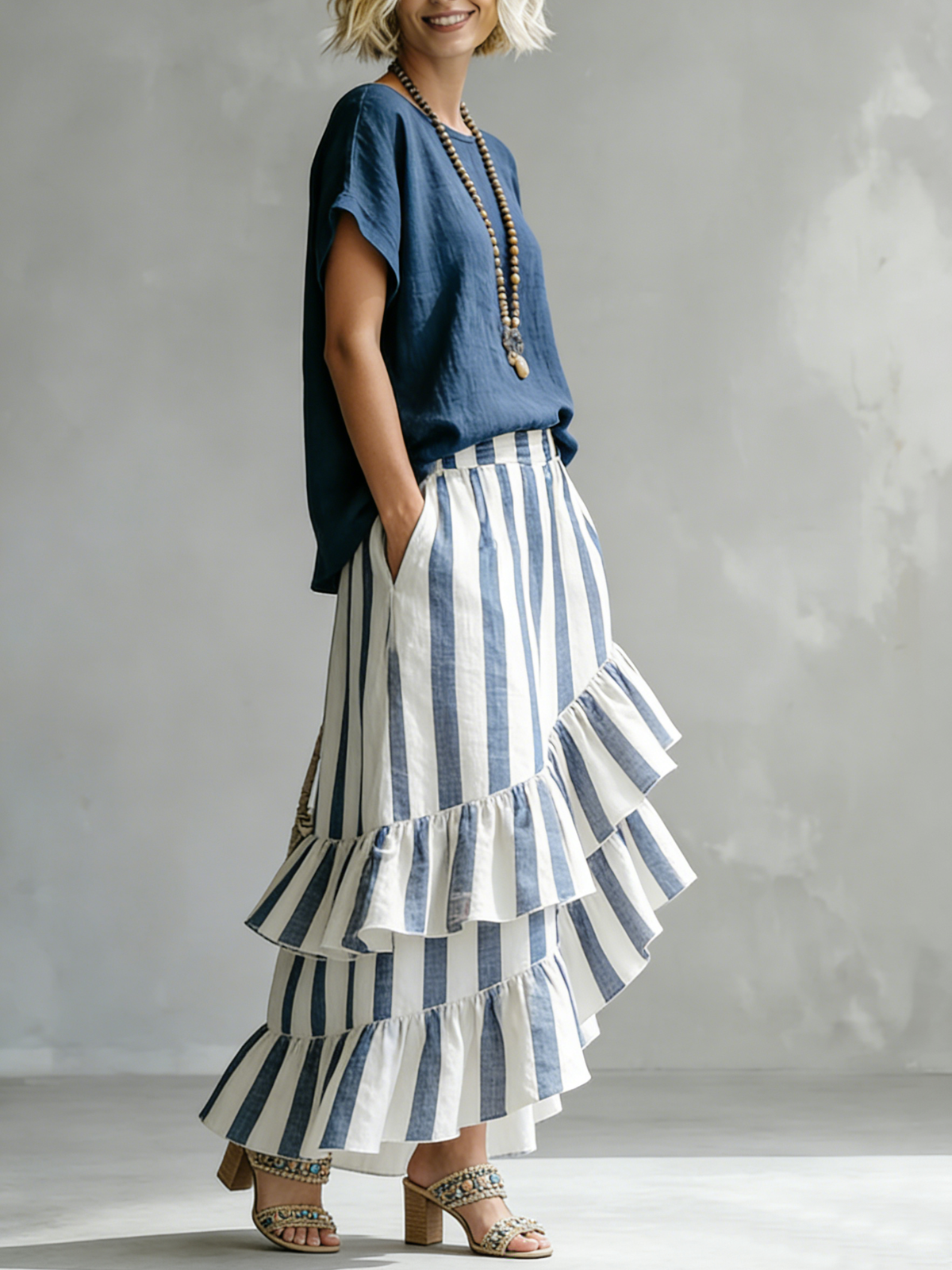 Romantic Striped Top and Ruffled Skirt Cotton-Linen Two-Piece Set