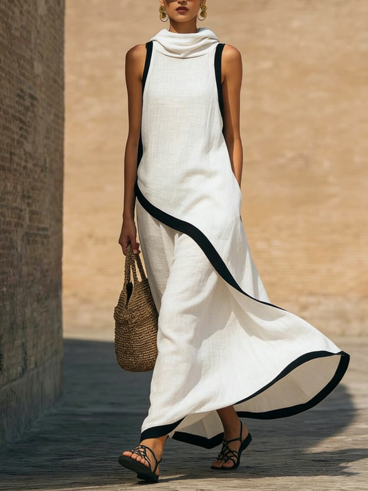 Elegant Colorblock Trimmed Loose-Fit Cotton-Linen Hooded Dress