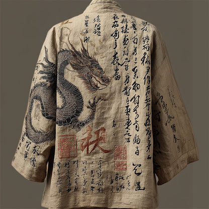 Japanese Gragon Calligraphy Art Embroidered Linen Kimono Cardigan