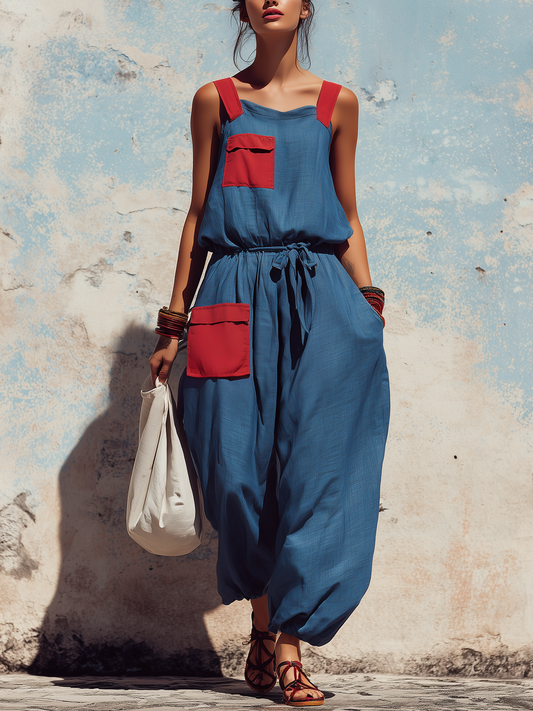 Colorblock Sleeveless Tie-Waist Jumpsuit with Pockets