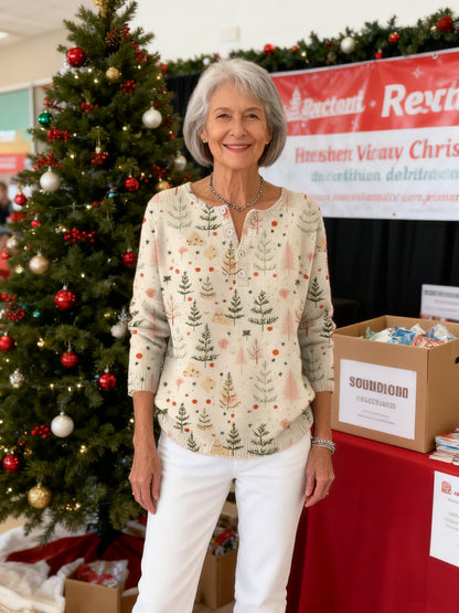 Christmas Tree Art Print Buttoned Cardigan Sweater