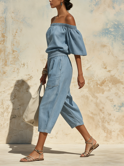 Off-The-Shoulder Denim Linen Blend Culotte Jumpsuit