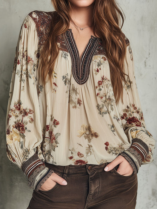 Bohemian Cream Floral Peasant Blouse with Billowy Sleeves