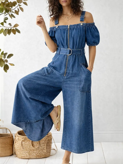 Casual Denim Cotton Jumpsuit with Adjustable Straps