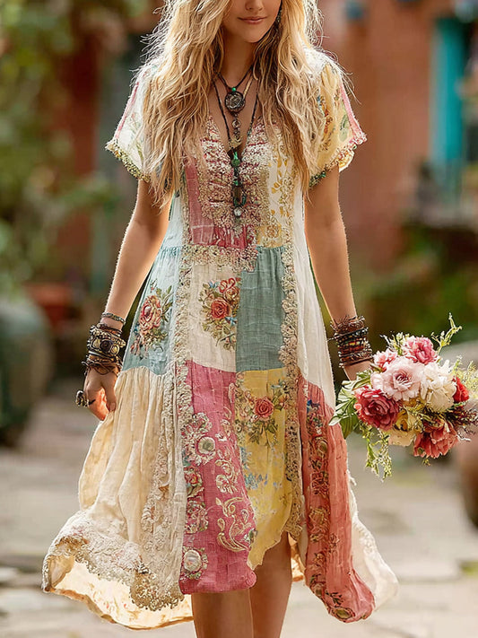 Retro Floral Splicing Cotton and Linen Long Dress