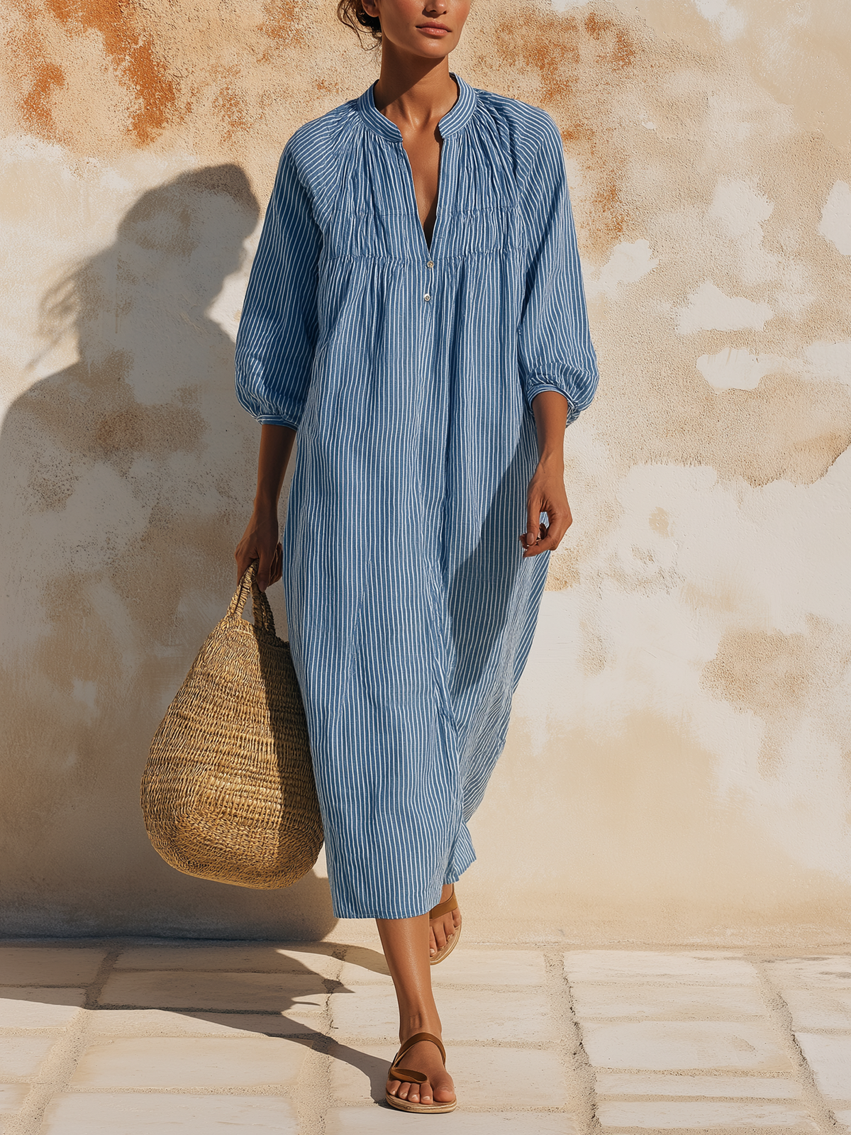 Blue and White Striped Linen Blend Midi Dress