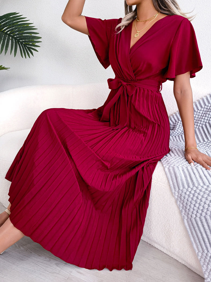 Casual Cross V-Neck Ruffled Pleated Dress