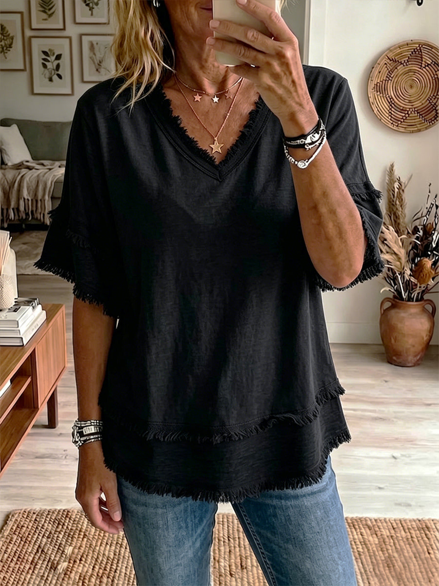 Casual Short-Sleeve Raw-Hem Linen-Blend Top