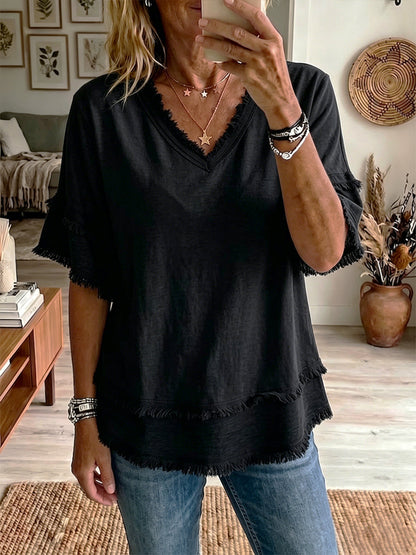 Casual Short-Sleeve Raw-Hem Linen-Blend Top