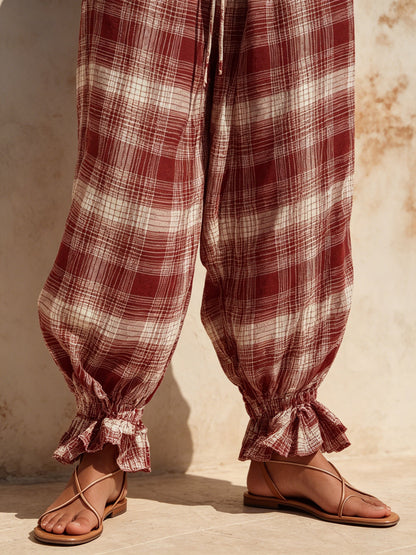 Red Plaid Ruffle-Hem Halter Jumpsuit with Effortless Summer Style