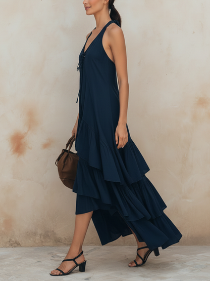 Navy Halter Neck Tiered Ruffle Midi Dress with Lace-Up Front