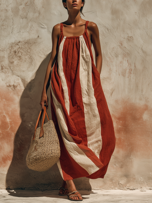 Sleeveless Striped Linen Maxi Dress with Casual and Relaxed Resort Style