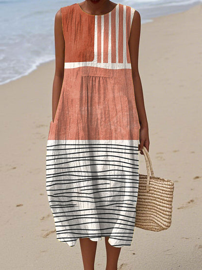 Vintage Abstract Geometry Art Print Sleeveless Cotton Pocket Wrap Dress
