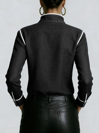 Stand Collar Long-Sleeve Casual Loose Denim Shirt