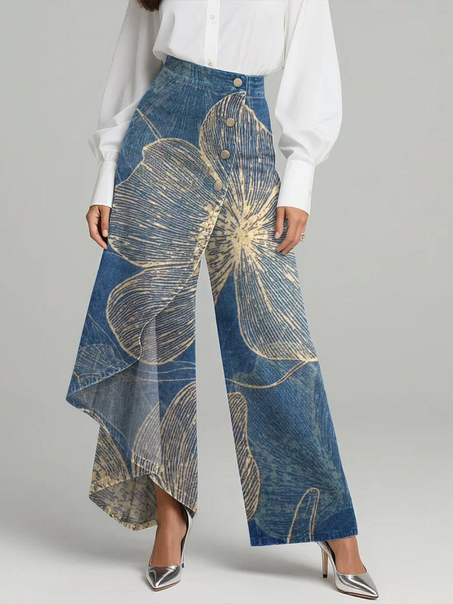 Vintage Flower Patterns Print High-Waisted Relaxed Fit Wide-Leg Jeans with a Stylish Design