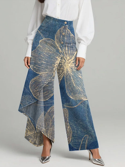 Vintage Flower Patterns Print High-Waisted Relaxed Fit Wide-Leg Jeans with a Stylish Design