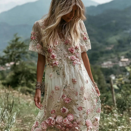 Pink Flower Embroidery V-Neck Linen Blend V-Neck Short-Sleeve Midi Dress