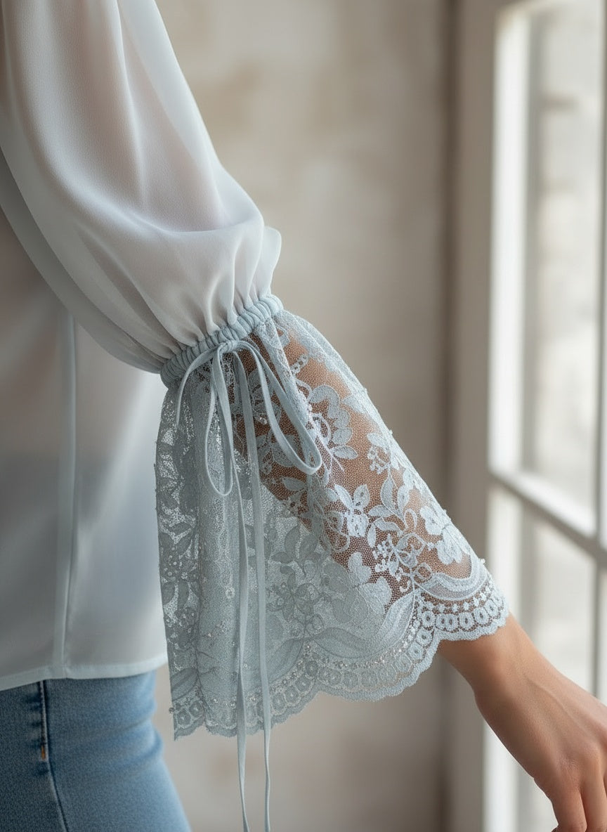 Elegant Powder Blue Lace and Chiffon Blouse with Bell Sleeves