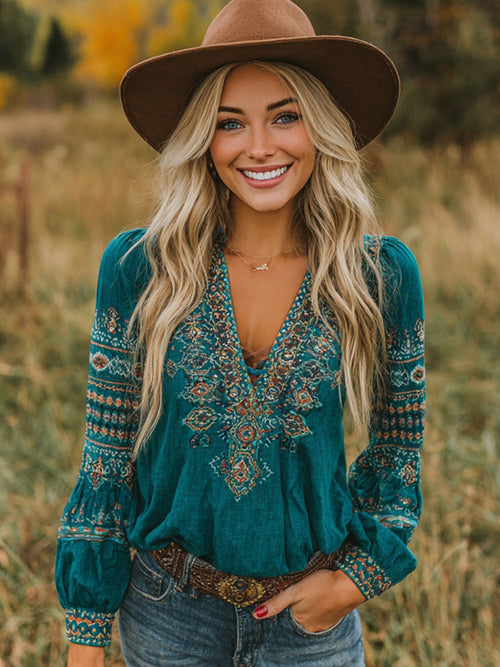 Vintage Western Geometric Print V-Neck T-Shirt