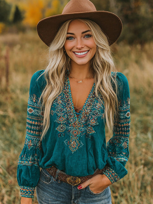 Vintage Western Geometric Print V-Neck T-Shirt