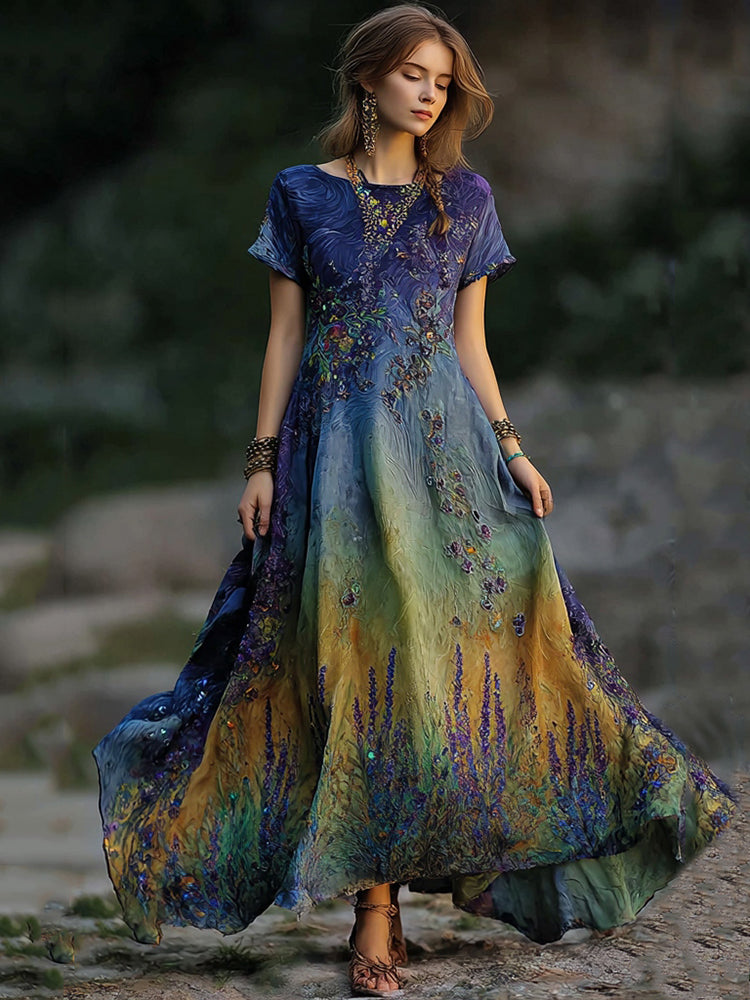 Vintage Lavender Embroidered Sequin Gradient Flowing Linen Maxi Dress