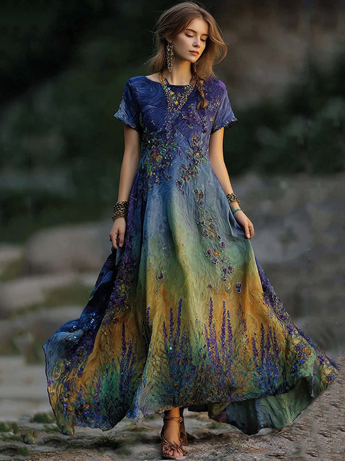 Vintage Lavender Embroidered Sequin Gradient Flowing Linen Maxi Dress