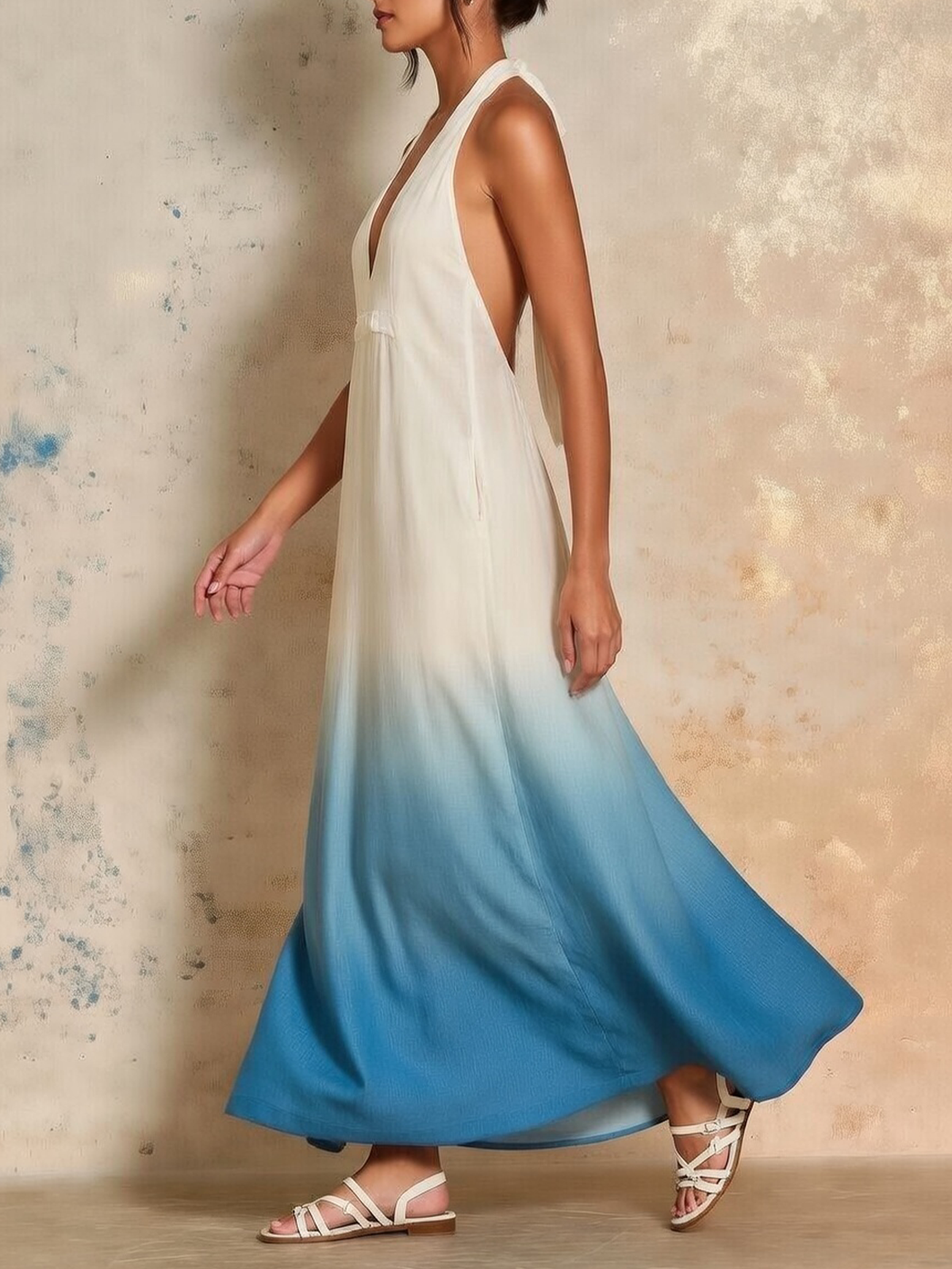 White to Sky Blue Ombre Halter Neck Maxi Dress