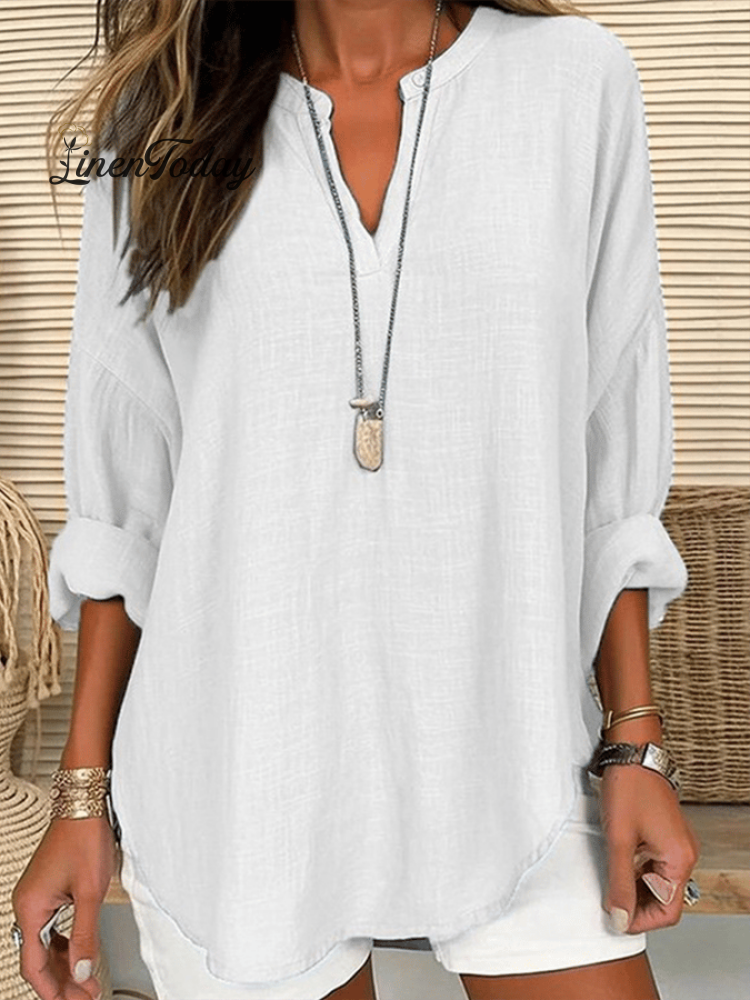 Cotton Long-Sleeve Round Neck Solid Color Loose Beach Shirt