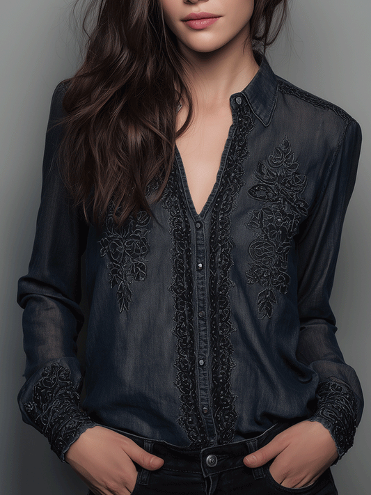 Elegant Dark Blue Chiffon Lace V-Neck Embroidered Shirt