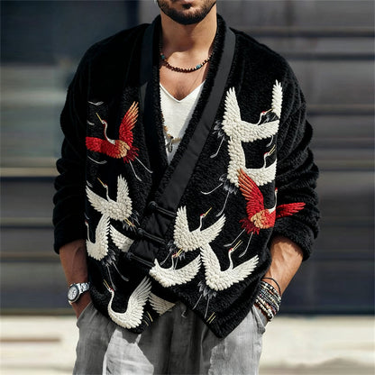 Men's Japanese Cranes Embroidered Cozy Fleece Kimono Cardigan