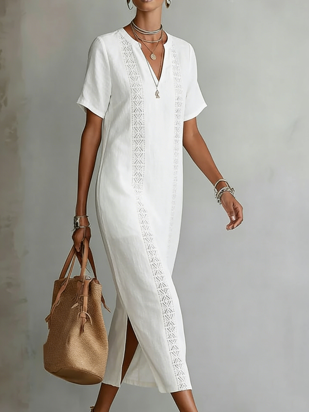 Retro Cozy Lace V-Neck Loose Linen Cotton Dress