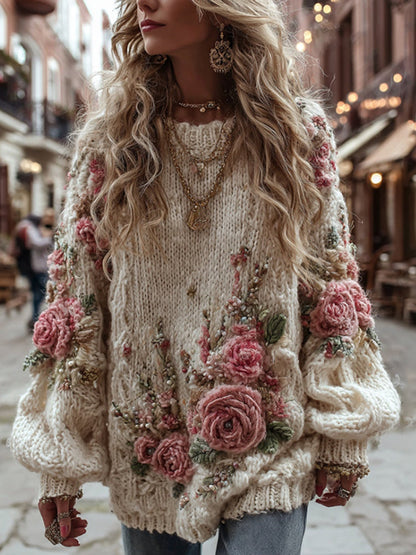 Vintage Rose Floral Chunky Knit Warm Crew Neck Sweater