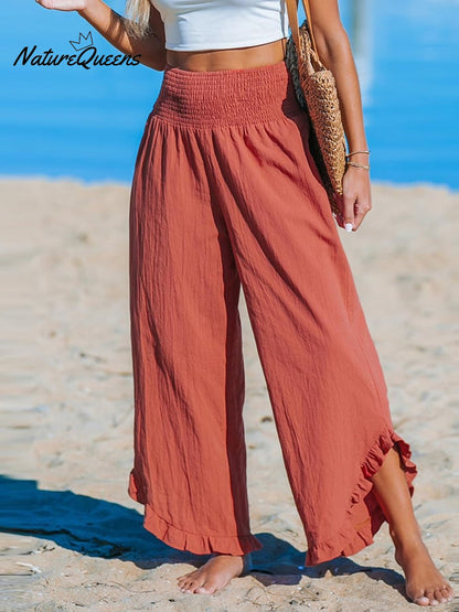 High-Waist Pleated Irregular Hem Cotton and Linen Loose Casual Pants