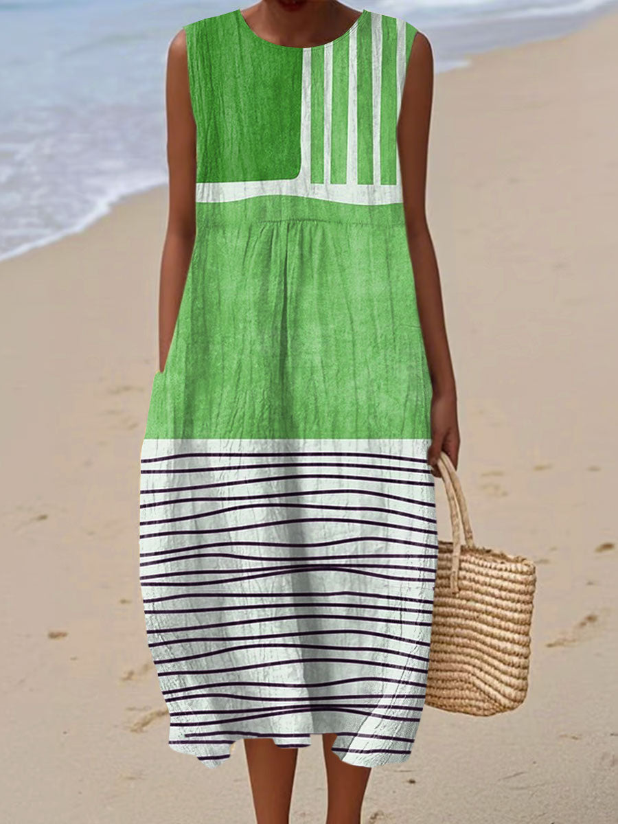 Vintage Abstract Geometry Art Print Sleeveless Cotton Pocket Wrap Dress