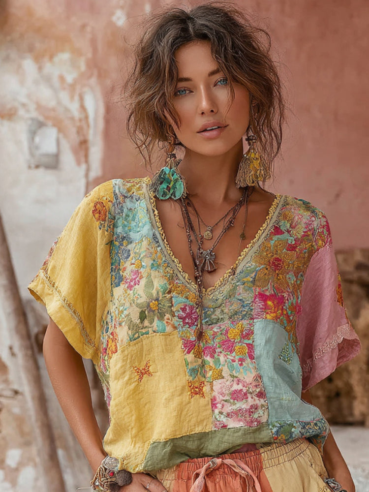 Bohemian Floral Embroidery Patchwork Art V-Neck Linen Blend T-Shirt