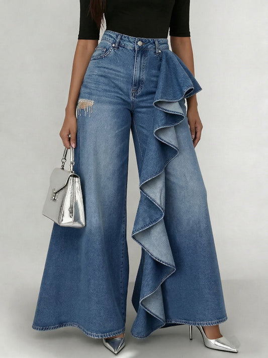 Stylish Cozy Asymmetrical Ruffles Wide-Leg Denim Jeans