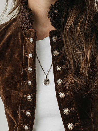 Vintage Turtleneck Lace Panel Double-Breasted Jacket