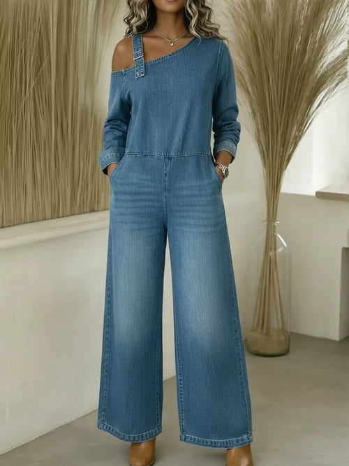 Fashionable Off-the-Shoulder Denim Jumpsuit