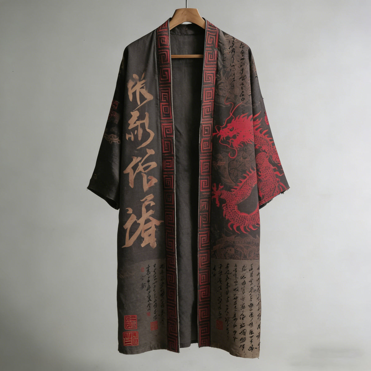 Retro Calligraphy and Dragon Pattern Linen Long Kimono