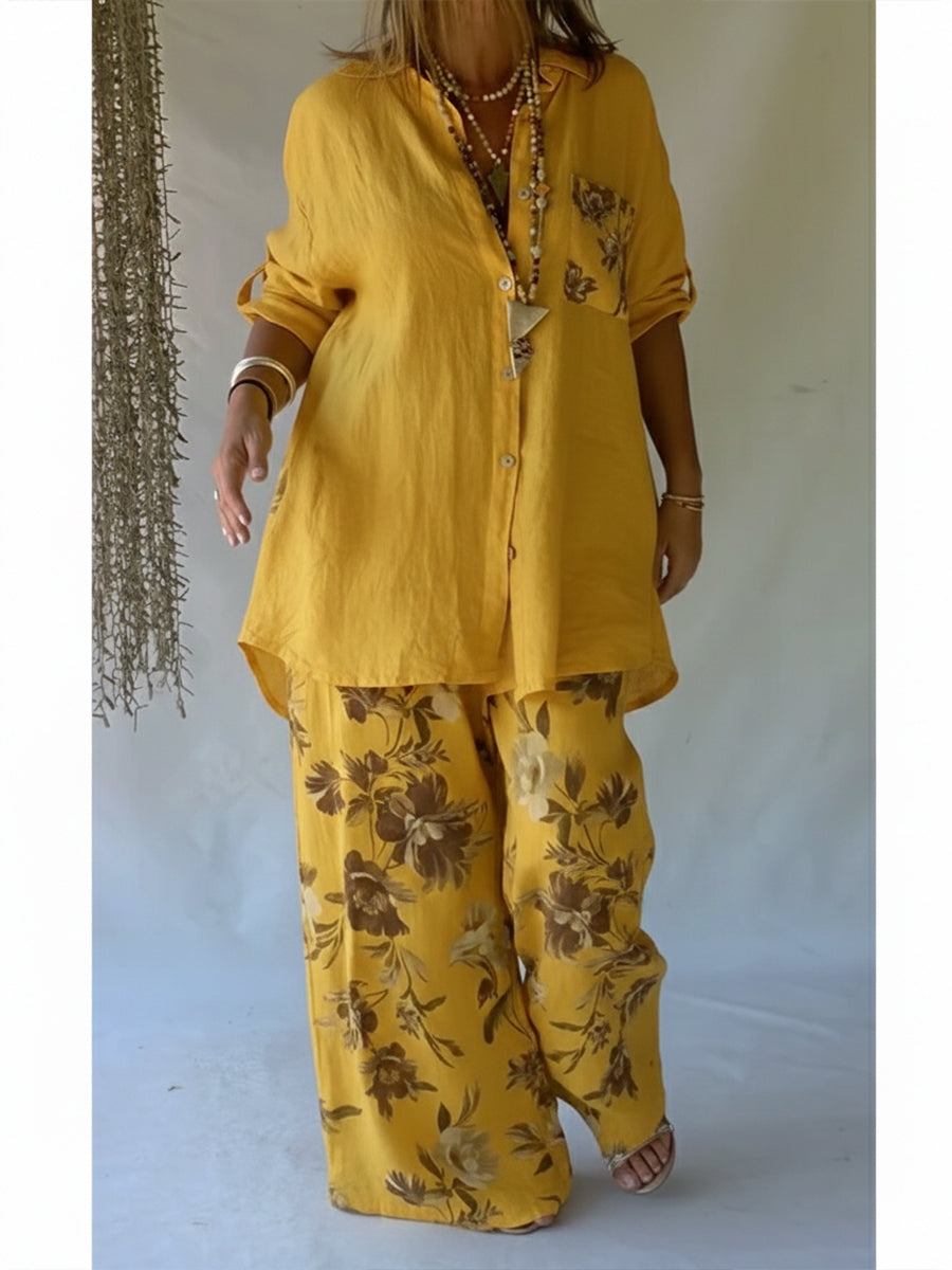 Casual Floral Print Linen and Cotton Shirt and Trousers Two-Piece Set