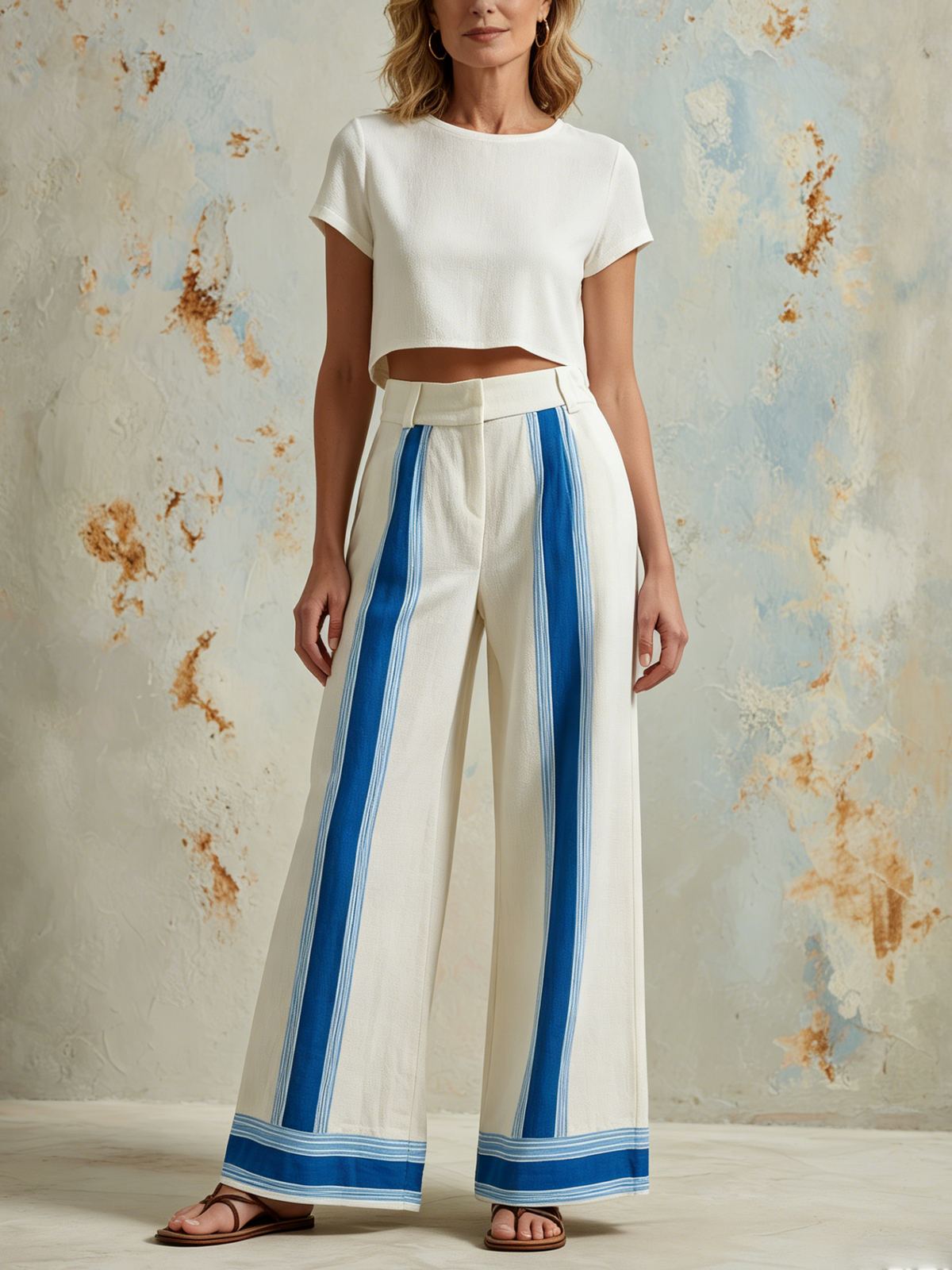 Cream Linen-Blend High-Waist Wide-Leg Pants with Blue Stripe Detail