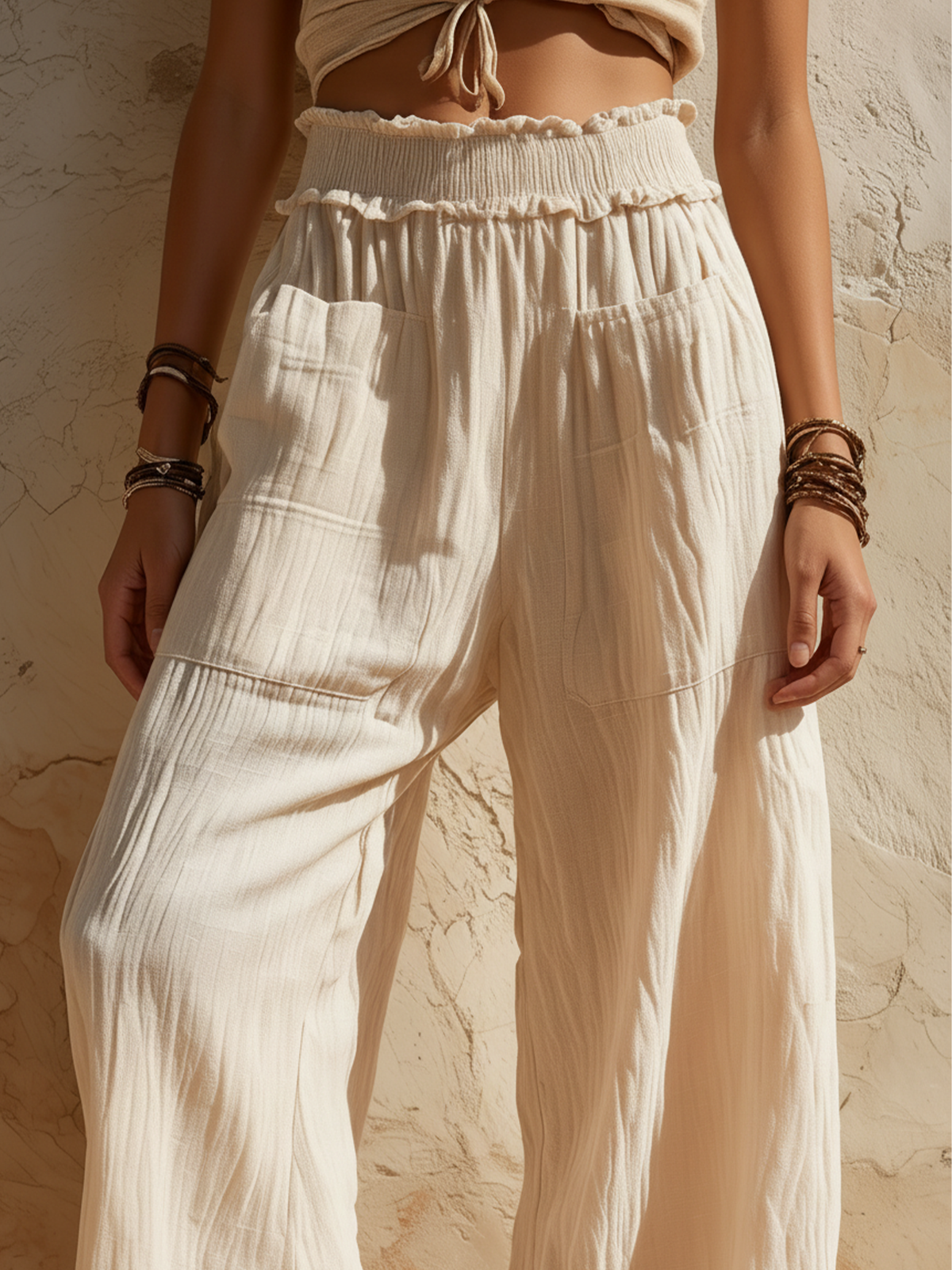 Beige Linen Blend High Waist Wide-Leg Pants