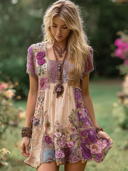 Purple Floral Boho Art Linen Short-Sleeve Mini Dress