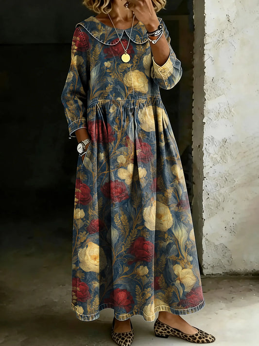 Retro Floral Splicing Long-Sleeved Loose-Fitting Casual Denim Dress