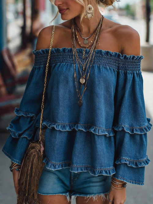 Vintage Off-Shoulder Long-Sleeve Loose Denim Shirt