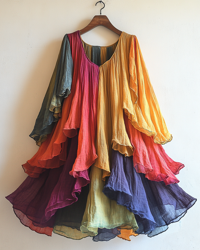 Rainbow Gradient Irregular Linen Elbow Sleeve Dress 3abf