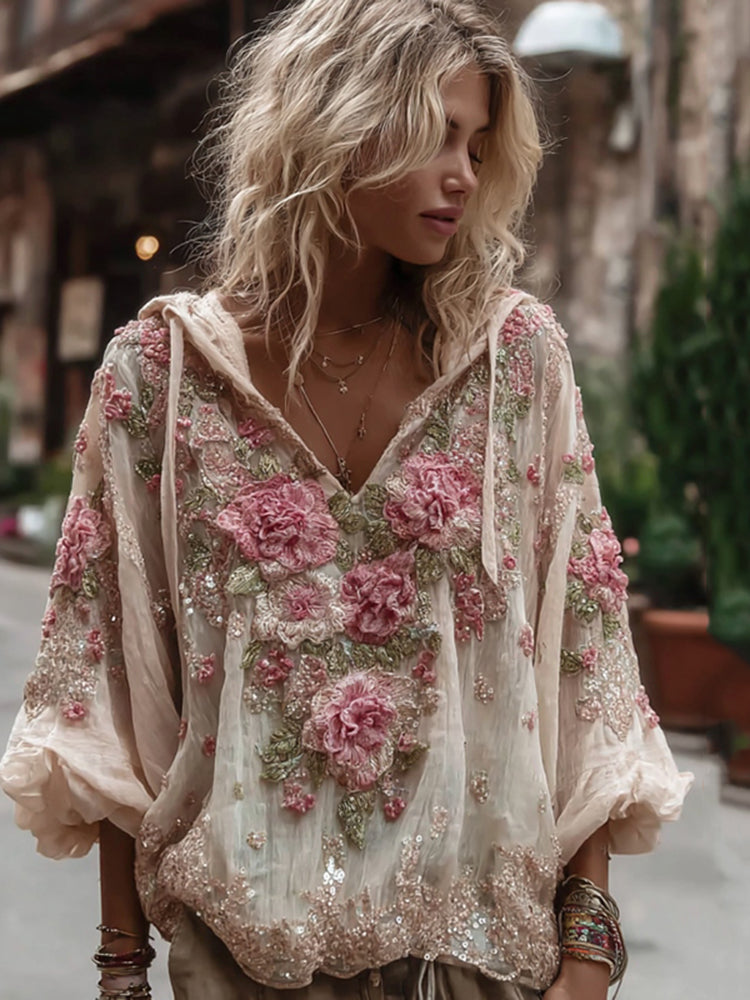 Vintage Floral Embroidery Warm V-Neck Hoodie